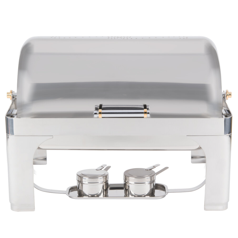 Vollrath 46080 9 Qt. New York, New York Roll Top Chafer Full Size with Brass Trim