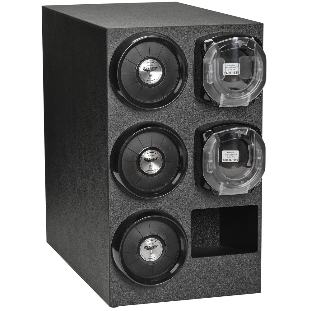 Vollrath K58804 Black 3-Slot 8 - 44 oz. Standard Countertop Cup Dispenser Cabinet with 2 LidSaver® 3 Dispensers and 1 Straw Pocket