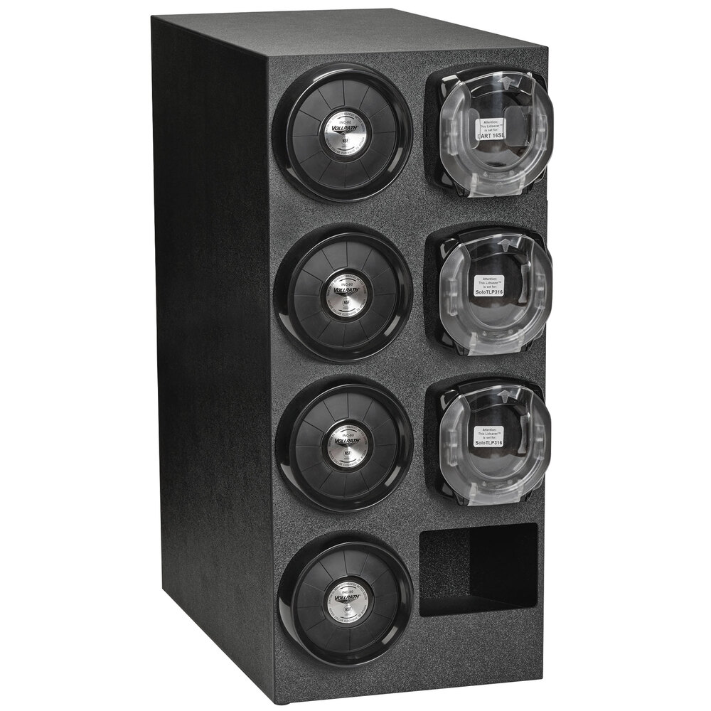 Vollrath K58801 Black 4-Slot 8 - 44 oz. Standard Countertop Cup Dispenser Cabinet with 3 LidSaver® 3 Dispensers and 1 Straw Pocket